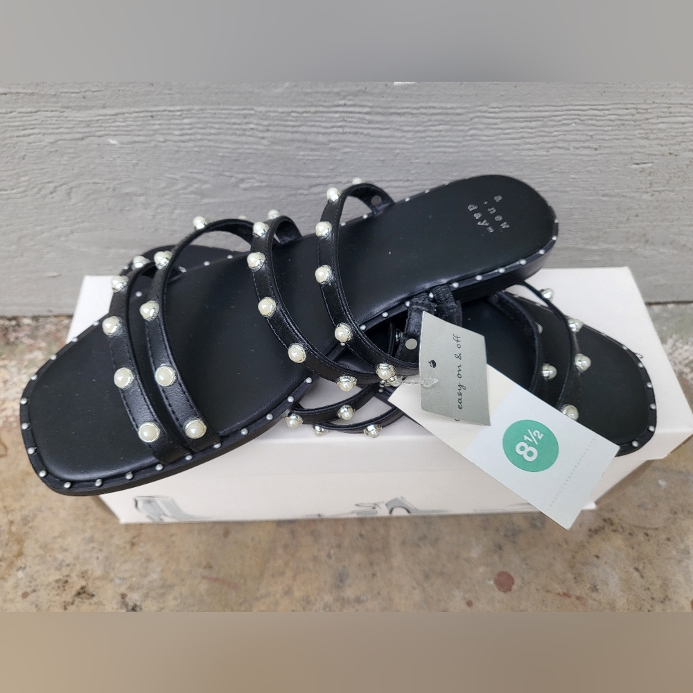 NWT "Hollis" Pearl Studded Flat Strappy Slide Sandals